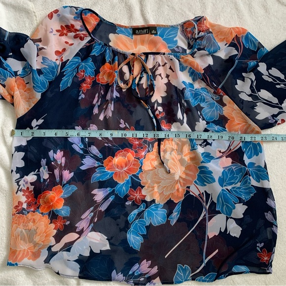 a.n.a Floral Multicolor Print Petite Blue Sheer 3/4 Sleeve Top -Size LP - Picture 7 of 10